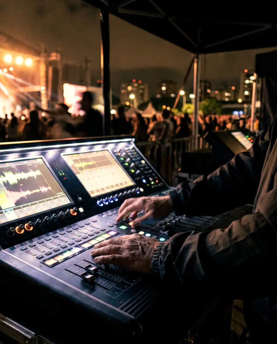 Manos sobre la consola de sonido durante el concierto