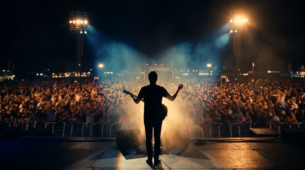 Un guitarrista de espaldas frente a miles de personas