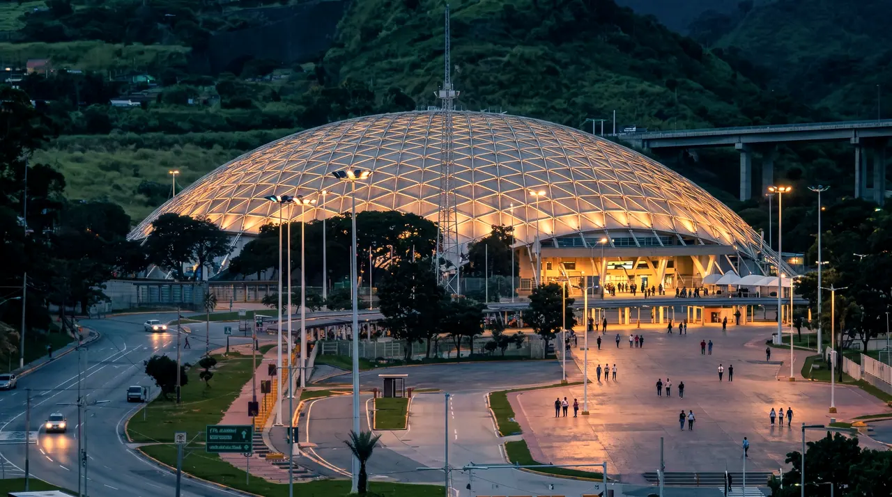 Recinto de conciertos con cúpula iluminada al anochecer