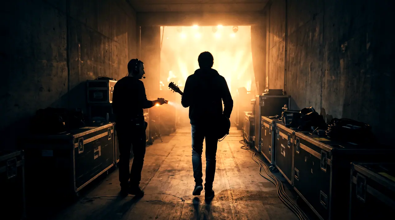 Un músico camina por el túnel hacia la luz del escenario